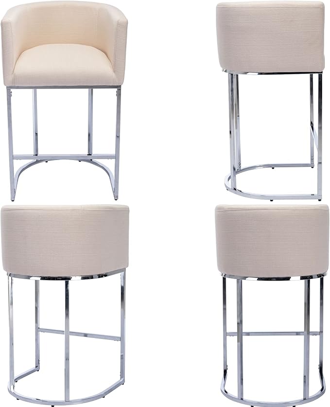 Modern Counter Height Linen Upholstered Bar Stools Set of 3, 29" Kitchen Counter Island Stools Bar Chairs with Chrome Finish Metal Frame for Kitchen Island, Cream