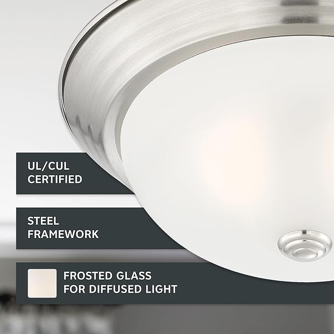 DESIGNERS FOUNTAIN Reedley 2-Lights Flush Mount Ceiling Light, 11 Inch Lighting Fixture for Kitchen, Bedroom, Bathroom, and Hallway, Satin Platinum with Etched Glass, 1257S-SP-W