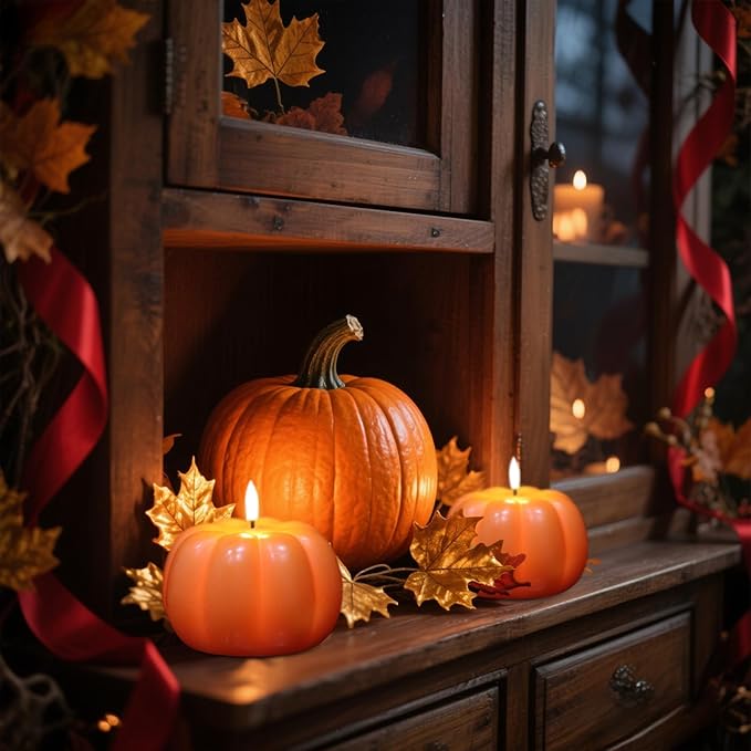 Wondise Fall Decorations Flameless Wax Pumpkin Candles with 6H Timer, Orange Battery Operated LED Candles Fall Decor for Thanksgiving Gifts, Autumn Farmhouse Harvest Decor for Home Decoration
