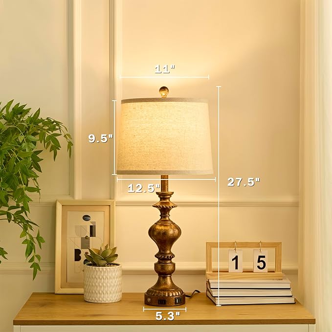27.5" Farmhouse Table Lamps Set of 2 Bedside Nightstand Lamp with USB C+A Ports & AC Outlet, 3 Way Dimmable Touch Lamps for Bedroom Living Room Office Hallway Rustic Traditional Lamp (Copper)