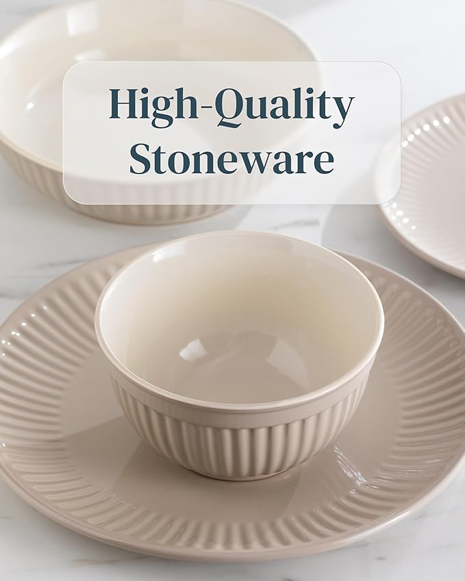 Stoneware Dinnerware Set for 8 People HYGGE 32-Piece - Elegant Scandi Design - Premium Dish Set - Bowl and Plate Set - Tableware for 8 People in a Ribbed Design - Pure Living in Light Brown