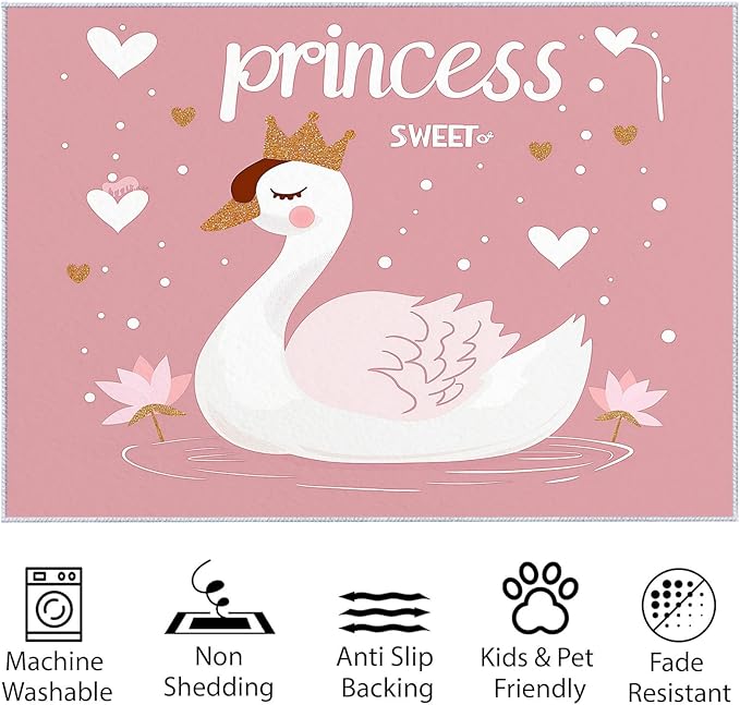 Washable Area Rug 4x6 ft Cartoon Swan Princess Peach 3D Print Area Rug for Living Room Bedroom Kids Room Home Decor Carpet, Indoor Non-Slip Floor Rug Mat, Low Pile Rugs