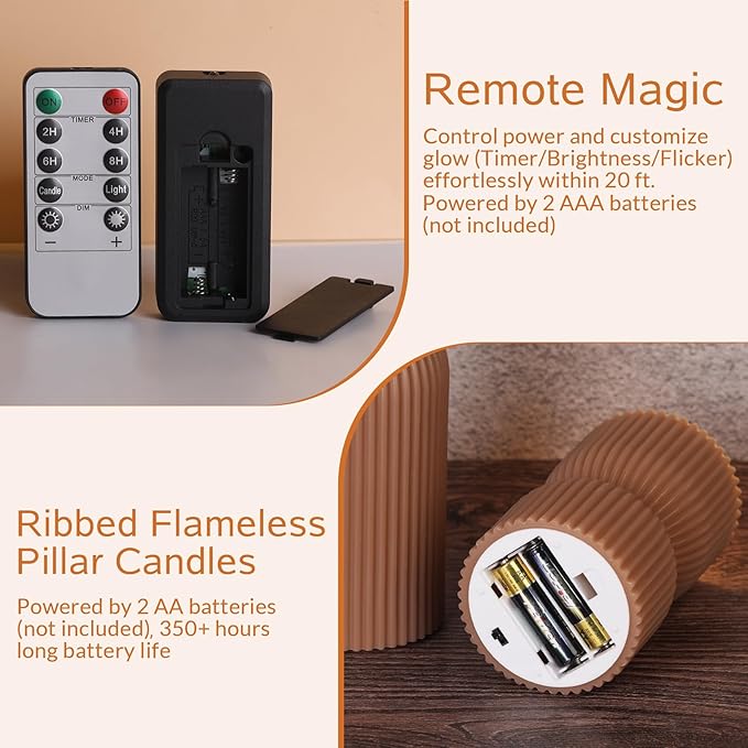 Brown Ribbed Flameless Pillar Candles with Remote, Real Wax Flickering Fall Battery LED Candles Set of 2