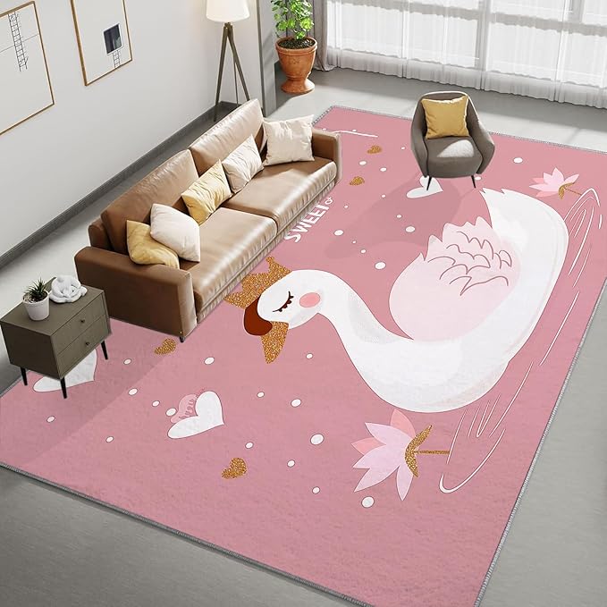 Washable Area Rug 4x6 ft Cartoon Swan Princess Peach 3D Print Area Rug for Living Room Bedroom Kids Room Home Decor Carpet, Indoor Non-Slip Floor Rug Mat, Low Pile Rugs