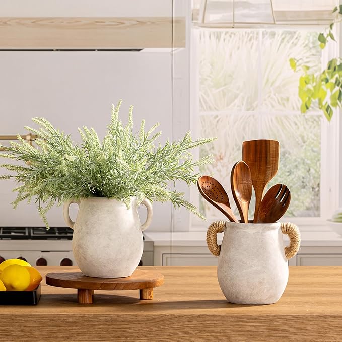 Ceramic Flower Vase Home Decor - 7.1 Inch White Rustic Table Flowers Vases Living Room Bedroom Plant Decoration Modern Farmhouse Vintage for Kitchen Shelf Office Coffee Dining Desk House Women