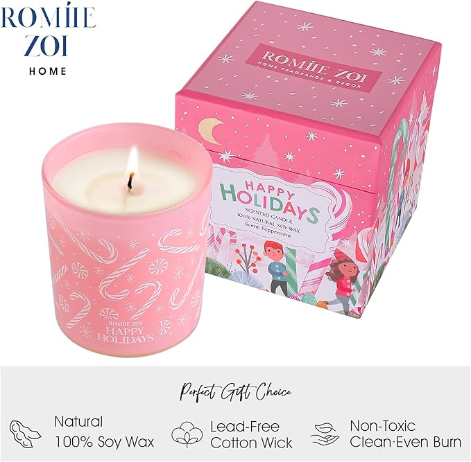 ROMIIE ZOI Christmas Scented Jar Candle - 6oz Soy Wax Candle - Happy Holidays Infused with Peppermint Aroma - with Beautiful Keepsake Box Special for Christmas/Holiday Gifts