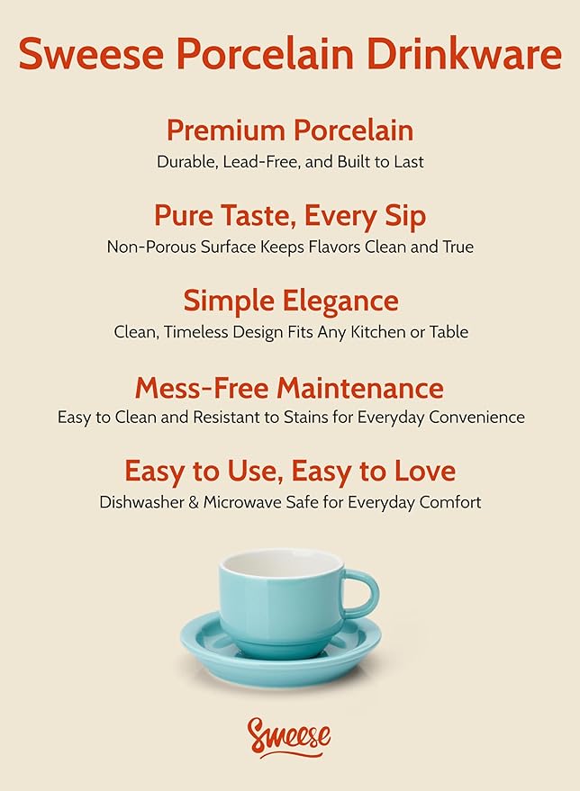 Sweese 2.5 Ounce Porcelain Stackable Espresso Cups with Saucers and Metal Stand Set of 4, Turquoise