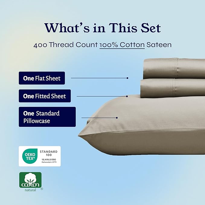 California Design Den Twin XL Sheet Sets - 100% Cotton Sheets, 400 Thread Count Sateen, Deep Pockets, Cooling and Durable Bedding for Dorm Rooms & Adults - Taupe
