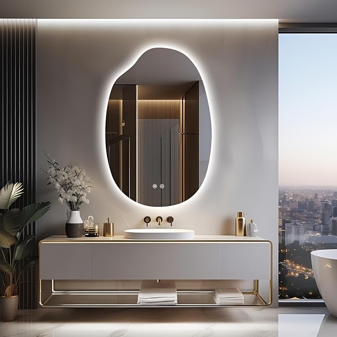 42"x28" Asymmetrical Led Mirror for Bathroom, Irregular Backlit Vanity Mirror with Lights, Frameless Smart Mirror, 3 Colors Stepless Dimmable, Anti-Fog, Memory, CRI95+, Horizontal/Vertical