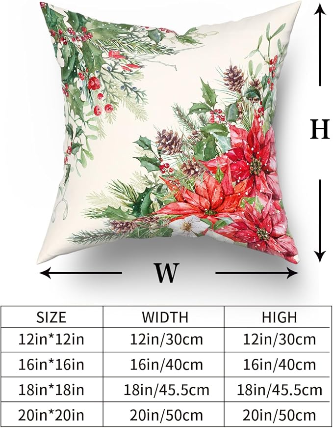 Giwawa Poinsettia Throw Pillow Covers Set of 2, 16"x16" Christmas Holly Berries Pine Cones Winter Red Floral Decorative Square Pillow Cases, Soft Cotton Cushion Covers for Sofa Porch Bedding Decor