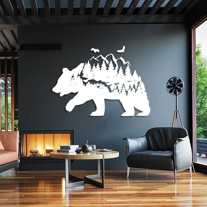 Metal Bear Wall Decor, Mountain And Forest Metal Wall Art, Nature Landscape Decor, Bear Wall Art, Metal Mountain Range, Scandinavian Decor, Large Metal Art Wall Decor, Housewarming Gift (26"x41"|67x105cm, Silver)