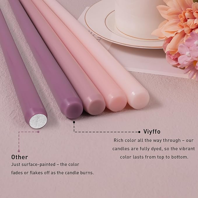 Viyffo 12 Inch Taper Candles Pink with a Purple Hue Set of 4 Unscented Smokeless Long Tall Tapered Candle for Candlesticks Sticks Wedding Advent Home Decor Dinner Christmas