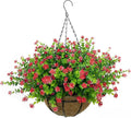 Artificial Hanging Flowers Basket, 12 UV-Resistant Bundles of Realistic Fake Flowers, Faux Plants for Outdoor Decor, Home, Garden, Porch, Patio, Spring & Summer Decorations, Red