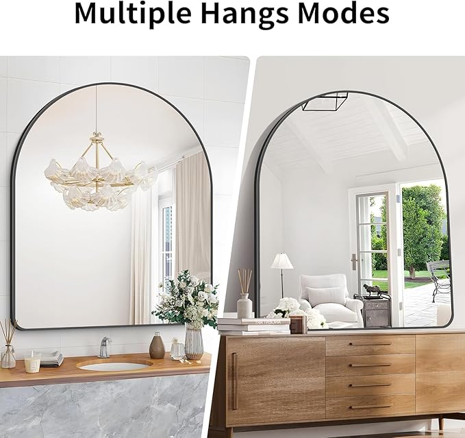 Arched Bathroom Mirror, 36"x48" Black Arched Mirror for Bathroom, Wall Mounted Mirror, Black Vanity Wall Mirror w/Metal Frame for Bedroom, Entryway, Living Room, Vertically Hanging