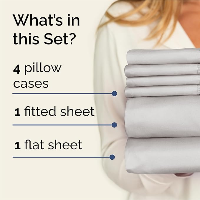 King Sheets Set 6 Piece - Includes 4 Pillowcases - Bed Sheets King Size - Soft Hotel Luxury Bedding - Cooling, Comfy, Cozy & Breathable - 1 Flat, 1 Fitted & 4 Pillowcases w/ Deep Pockets - French Grey