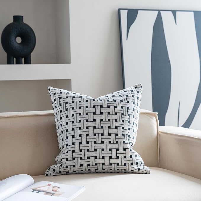 Premium Throw Pillow Covers 22x22 Inches - Black Interlaced Weave Grid Chenille Jacquard Embroidery Decorative Couch Pillow Covers for Living Room Bedroom Sofa Home Décor