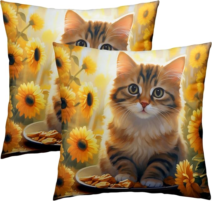Cute Cat Sunflower Pillow Covers - Sunflowers Throw Pillow Cases 16x16 Inch Set of 2 Kitten Pet Cushion Cover for Couch Bedroom Indoor Outdoor