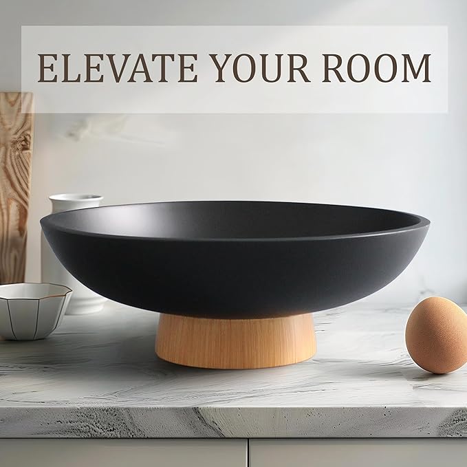 Modern Resin Pedestal Bowl – Large Fruit Bowl for Kitchen Counter, Catch All Tray for Entryway Table, Stylish Key Bowl & Dining Centerpiece, Black