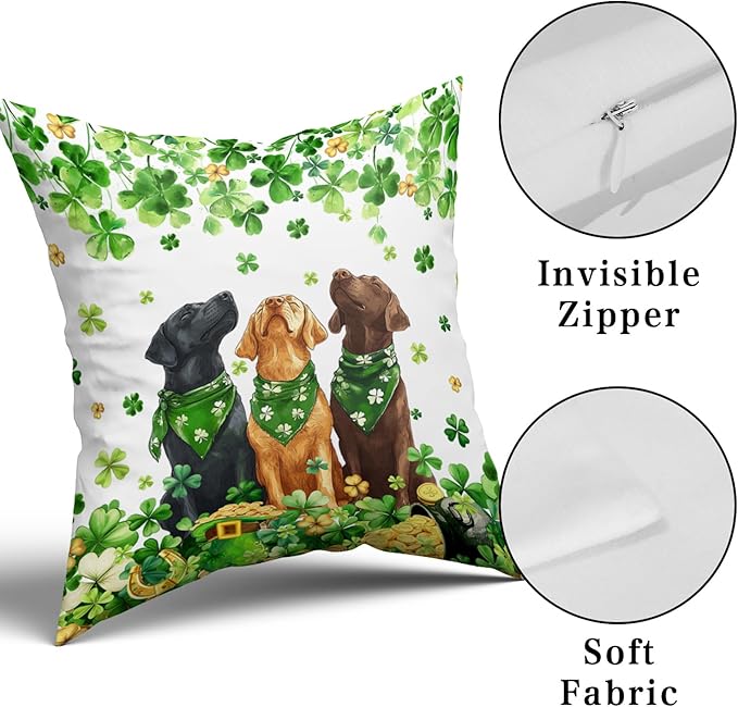 Giwawa Patrick Dogs Pillow Covers Set of 2 20x20inch Lucky Shamrocks Funny Puppy Decorative Square Pillow Cases Spring Clovers Leaf Cotton Throw Cushion Covers for Sofa Couch Patio Bedding
