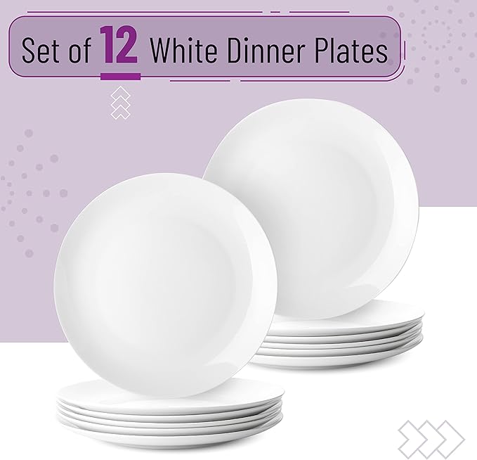 BTaT- White Dinner Plates, 10.5 inch, Set of 12, White Plates, White Dinner Plates Bulk, White Plate Set, Plates, Dinner Plates, Plates Set, Restaurant Dishes, White Porcelain Dinner Plates