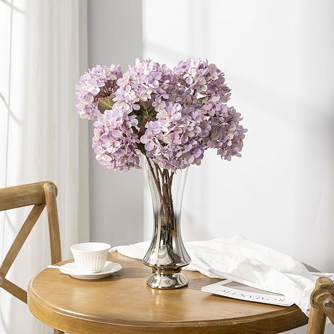 Artificial Flower Fake Silk Hydrangea Heads Bouquet With Stems Bulk for Fall Decoration Table Center Christmas Indoor Outdoor Faux Floral Realistic With Leaves Plants Crafts 8PCS(Pale Purple)