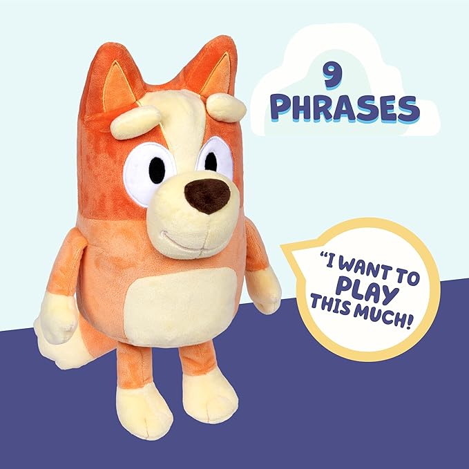 Bluey Sound Effects Talking Bingo Plush Toy, 13” Soft Bingo Toy, Interactive Stuffed Animal with 9 Different Phrases, Musical Toys for Kids