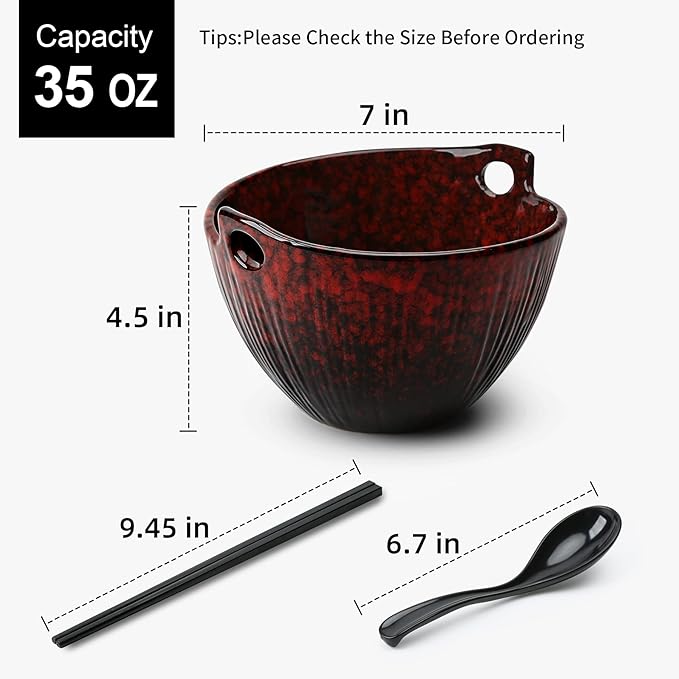 Ramen Bowl with Chopsticks and Spoons, Ceramic Set of 2, Dishwasher Safe for Pho Udon Soba Noodle Salad Pasta, Special Reactive Glazed Crimson Bowls Set