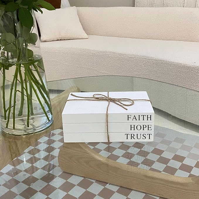 Decorative Books for Home Decor, White Faux Books for Decoration, Rustic Farmhouse Stacked Display Books (Faith, Hope, Trust)
