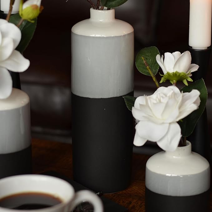Iconic Dipped Scandinavian Style Bud Vases, Set of 3, Glazed Porcelain, Tonal Shades, Pale Grey, Grey, and Black, Round, 11.5, 7, 4.25 Inches