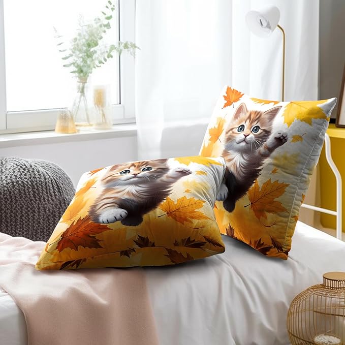 Fall Cat Throw Pillow Covers - Kitten Throw Pillow Covers Set of 2 Maple Leaf Pillows Case 22x22 Inch Autumn Pet Decorative Pillowcase for Bed Living Room Outdoor