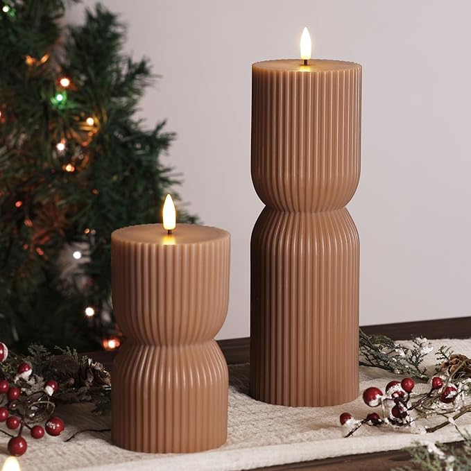 Brown Ribbed Flameless Pillar Candles with Remote, Real Wax Flickering Fall Battery LED Candles Set of 2