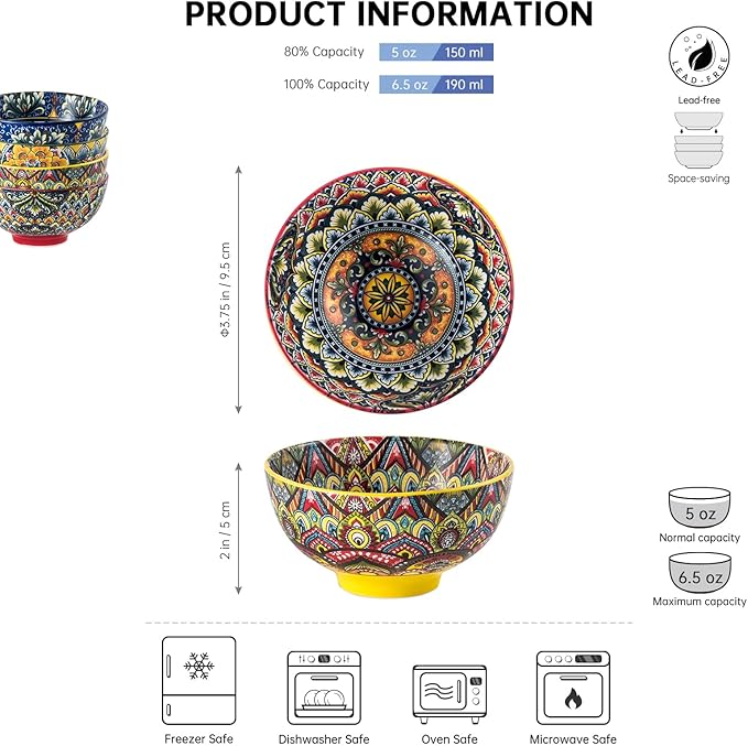 Henten Home 6.5 oz Small Dessert Bowls, Porcelain Boho Snack Bowl Set of 6 - Ceramic Colorful Bowls for Salsa, Dipping, Sauce, Decorative, Microwave & Dishwasher Safe