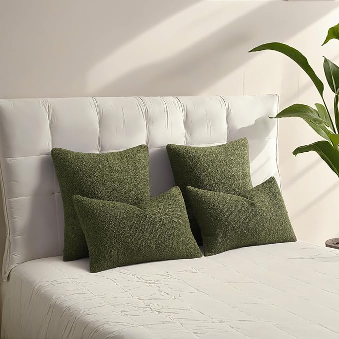 HAUSSY Set of 2 18x18 Decorative Throw Pillow Covers, Soft Cozy Textured Boucle Couch Cases, Home Decor for Couch Bed Living Room, Moss Green
