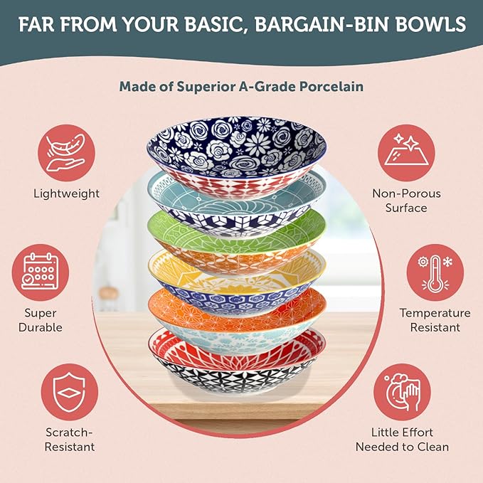 Annovero Pasta Bowls - Bowl Plates for Serving Soup, Salad, Dinner - Decorative Colorful Porcelain for Kitchen - Microwave, Dishwasher, Oven Safe - Zero Lead & Cadmium - 42 Oz - Set of 6