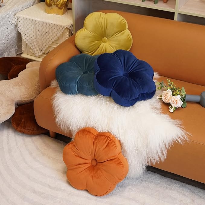 ARTMAGIC Flower Shaped Velvet Decorative Throw Pillow Cushion Ultra Soft Cute Floor Pillow for Couch Bed Sofa (Navy Blue)