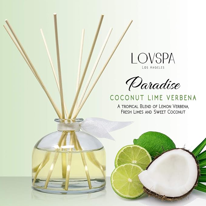 LOVSPA Reed Diffuser Set, Paradise Coconut Lime Verbena Scented Oil Diffuser with Sticks, Home Fragrance Accessories for Bathroom Shelf Decor, Aroma Diffusers for Home or Office Desk, USA Made