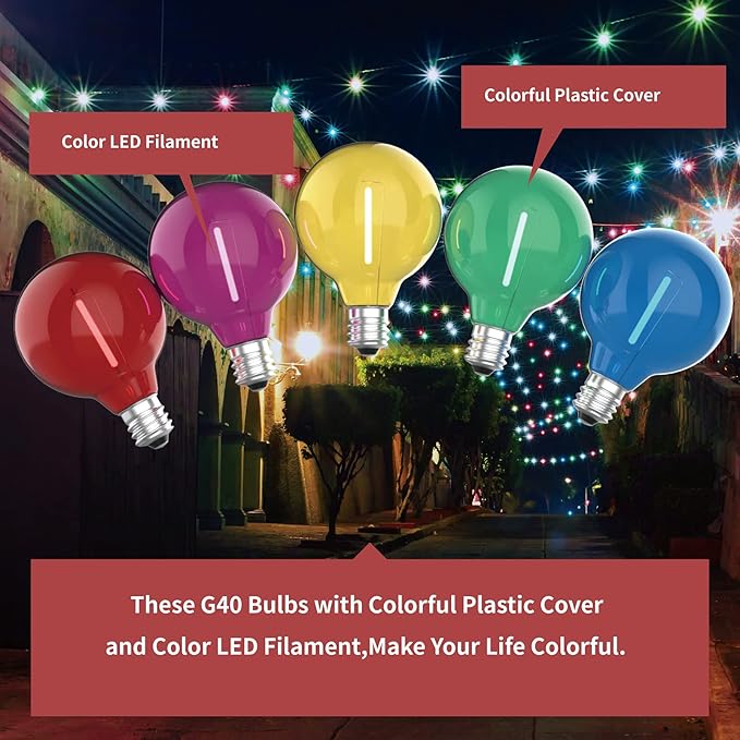 Meconard 25 Pack G40 Colored LED String Light Bulbs, E12/C7 Candelabra Base Shatterproof LED 1 Watt Globe Replacement Bulbs, Multi-Color: Red/Green/Blue/Orange/Purple