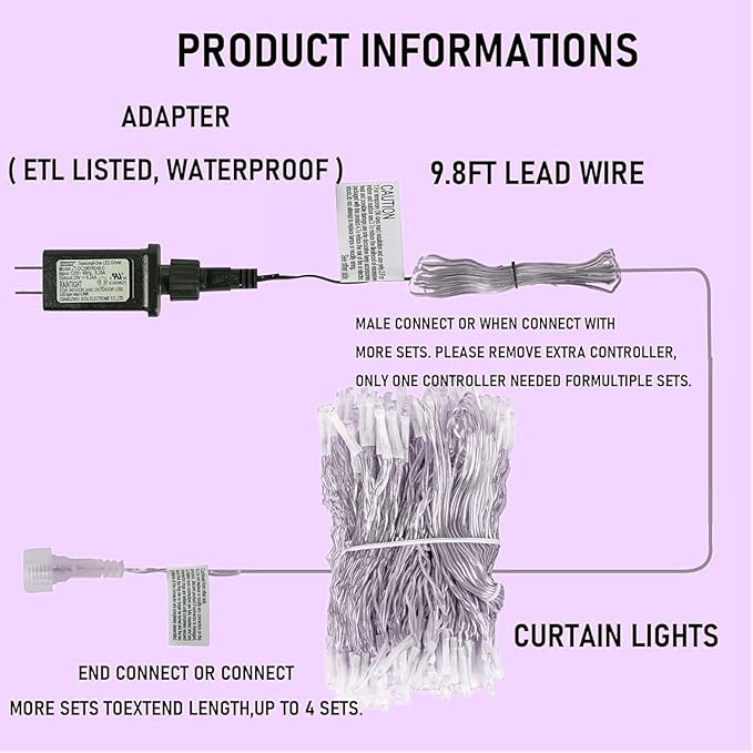 Dazzle Bright 300 LED Christmas Curtain String Lights, Halloween Fairy Lights for Bedroom with 8 Lighting Modes, Waterproof Window Light Party Wedding Garden Wall Decor, Purple
