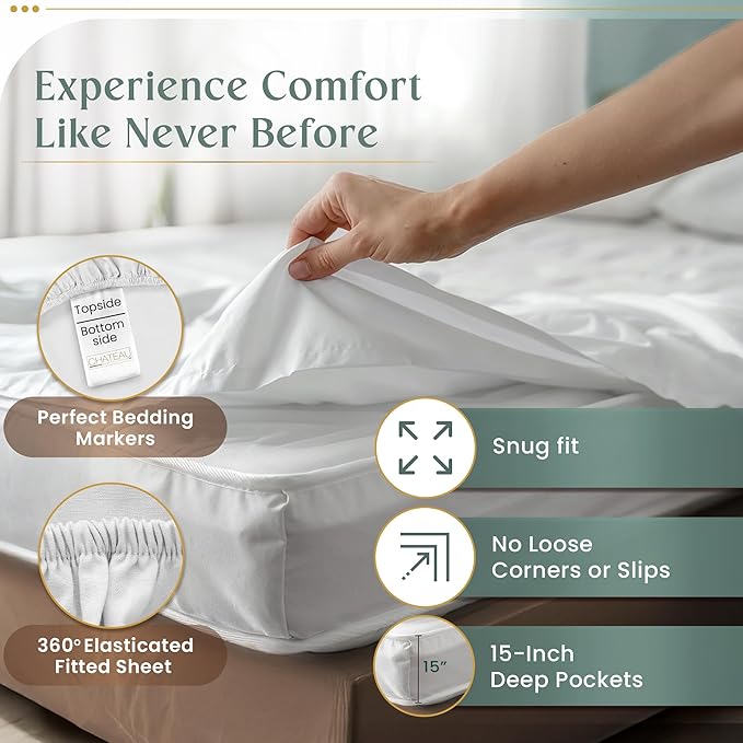 100% Egyptian Cotton Sheets Queen Size Bed Set, Deep Pocket Queen Sheet set, 800 Thread Count Cotton Bed Sheets, Naturally Cool Soft Breathable No Pill Elasticated Luxury White Bedding For All Seasons