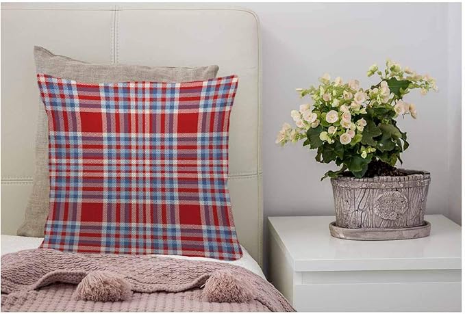 WONDERTIFY Throw Pillow Case Cover Tartan Plaid Pattern Checkered Fabric Texture Moderate Light Blue White and Bright Red Soft Linen Pillow Case for Bedroom/Livingroom/Sofa Cushion Covers 18x18 Inch