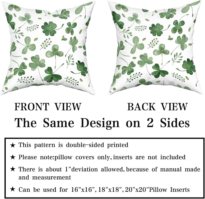Giwawa St Patricks Day Pillow Covers Set of 2, 18"x18" Watercolor Clovers Sage Green Leaves Square Pillowcases, Spring Shamrock Eucalyptus Throw Cushion Cover for Sofa Couch Bedding Car Decor