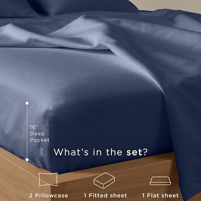 Threadmill 100% Cotton Sheets for King Size Bed | 4 Pc King Bed Sheets Set | Soft, Breathable Lightweight Solid Sateen for All-Season Use | Snug Fit Elastic Deep Pocket King Sheets | Folkstone Blue