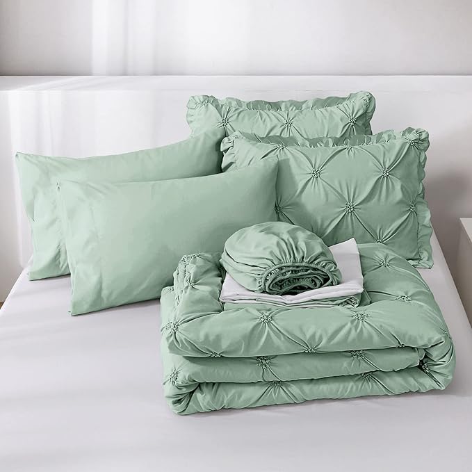 JOLLYVOGUE King Size Comforter Set 7 Pieces, Green Bed in a Bag Comforter Set for Bedroom, Beddding Sets with Comforter, Sheets,Ruffled Shams & Pillowcases