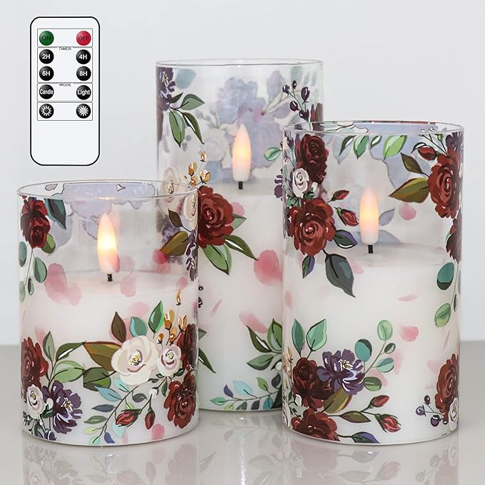 DRomance Battery Operated Glass Flameless Candles with Remote and Timer Real Wax 3D Wick Flickering Rose LED Pillar Candles Wedding Dinner Christmas Holiday Decor D3 x H4, 5", 6"