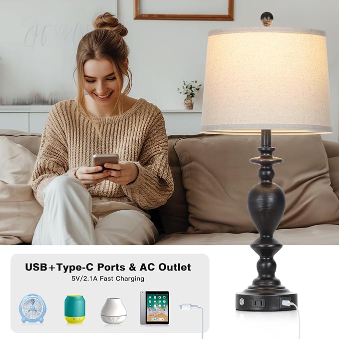 28" Black Farmhouse Table Lamps Set of 2 with USB C+A Ports & AC Outlet for Vintage Living Room Rustic Bedroom,3-Way Dimmable Touch Lamp Retro Resin Bedside Lamps for Nightstand Side Table