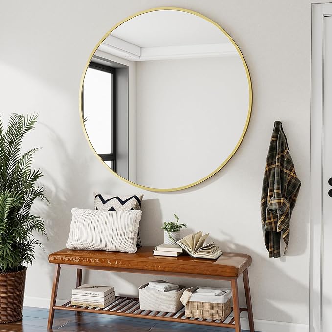 VooBang Black Round Bathroom Mirror, 42 inch Large Circle Wall Mounted Hanging Mirror with Simple Modern Circular Metal Frame for Hallway, Entryway, Living Room, Gold Frame