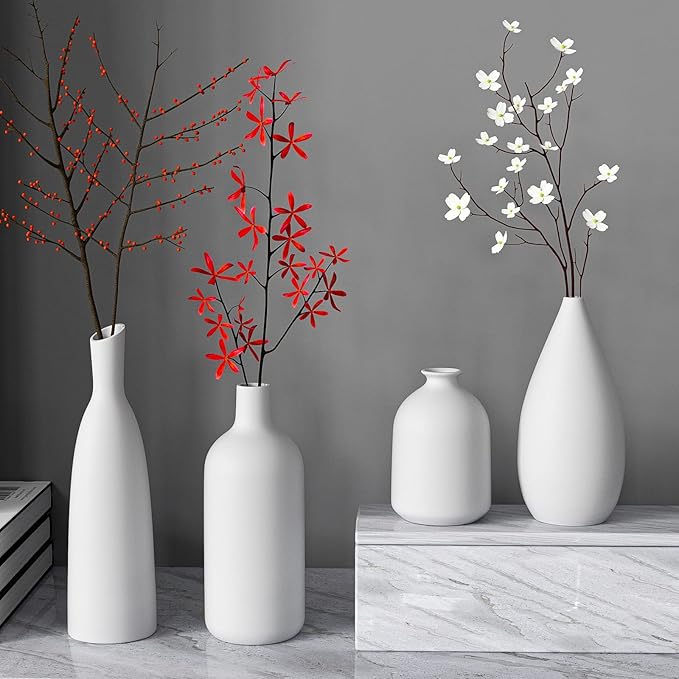 Ceramic Vases Set of 4 22 + 19 + 17 + 11 cm Height, Flower Vases Modern Home Decor, Large Modern Vases for Flowers Table Bookshelf Mantel Living Room Bedroom Office Wedding Party Gift