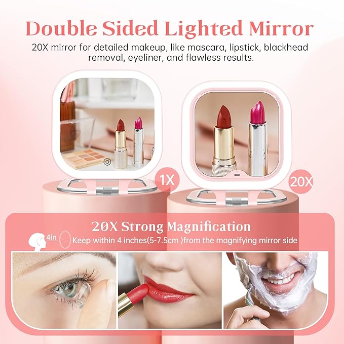 FASCINATE 20X Magnification Compact Travel Makeup Mirror with Lights and Magnification, 3.5 inch Portable 1X/20X Magnifying Mirror with 3 Color Light, Folding, Handheld (Pink)