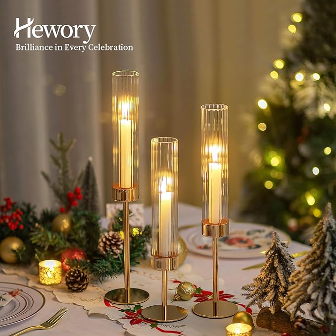 Hewory Gold Taper Candle Holders: Candlestick Holders Set of 3 Hurricane Glass Tall Candle Holder for Candlesticks Candle Sticks Holder Decor for Table Centerpiece Wedding Party Christmas Decorations