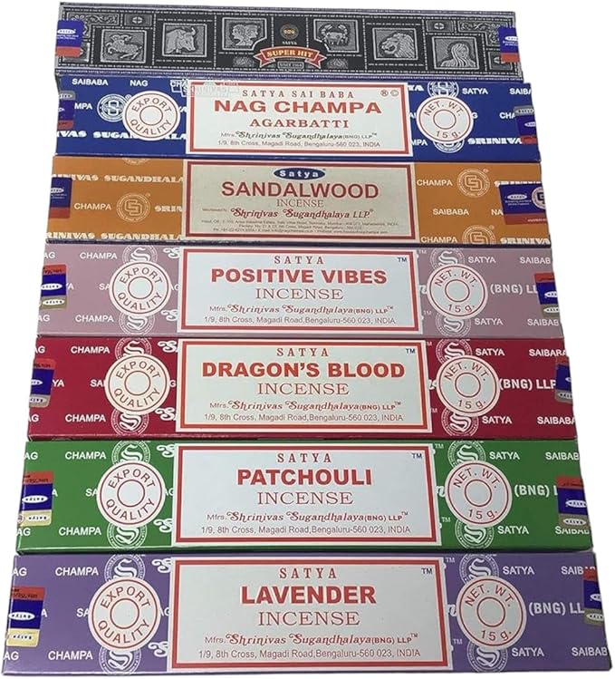 Satya Incense Gift Set Nag Champa, Super hit, Dragon's Blood, Sandalwood, Patchouli, Lavender, Positive Vibes 15gms x 7 Packs | for Meditation, Yoga, Healing, Aromatherapy, Relxation, Spirituality |